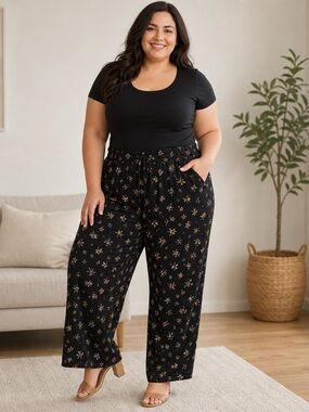 Lauren Ralph Lauren Floral Palazzo  Pants Elastic Womens Plus Size 20W Black
